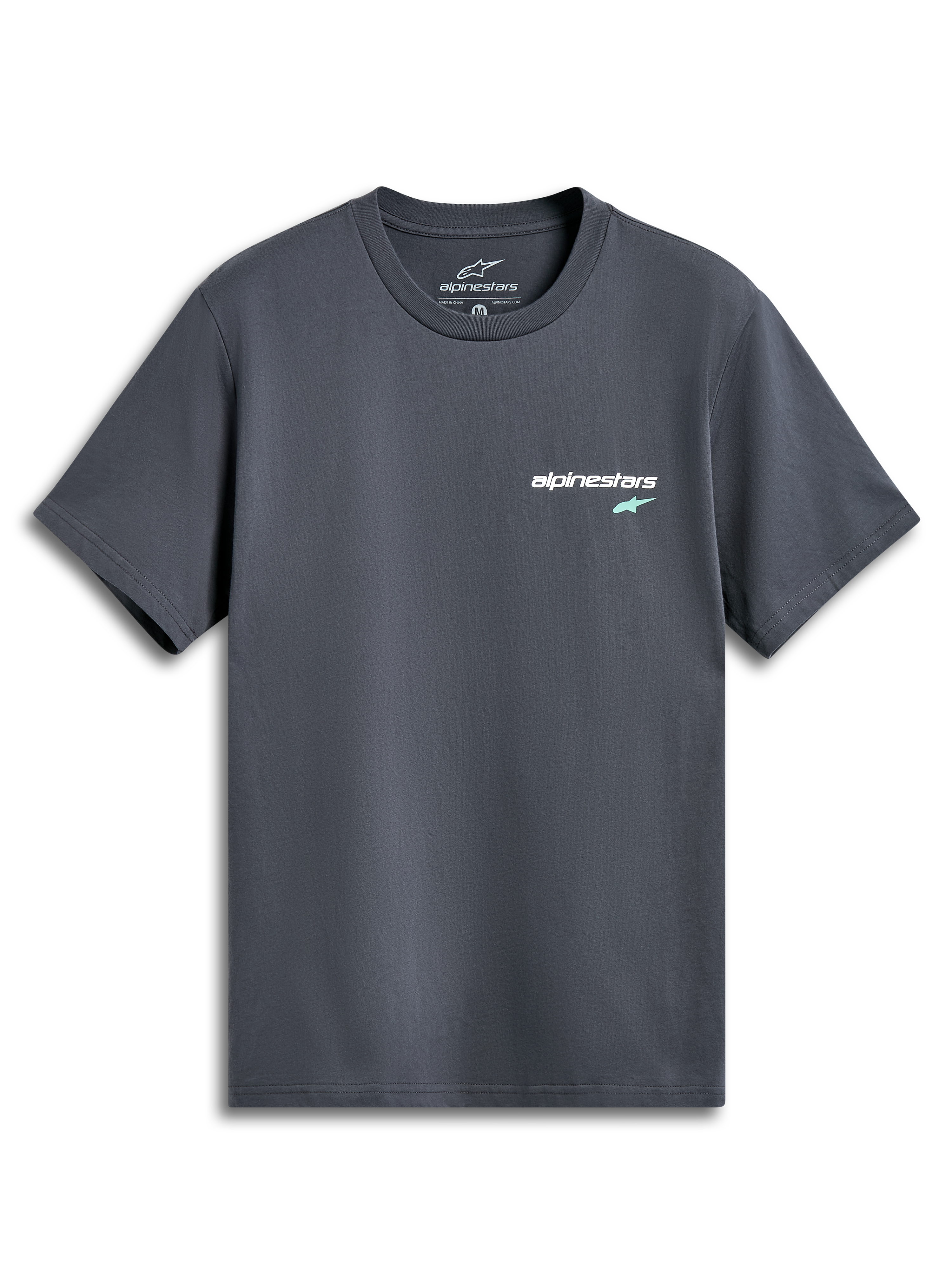 Alpinestars No Barrier CSF Tee, Kurzarm-T-Shirt, Anthrazitgrau, kleines weißes Textlogo mit mintgrünem Stern auf der Brust, lässige vom Motorsport inspirierte Streetwear
