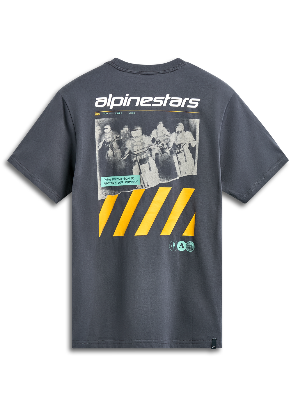 Alpinestars No Barrier CSF Tee, Kurzarm-T-Shirt, Anthrazit, große Grafik mit einem Distressed-Motocross-Foto, weißem Alpinestars-Branding und markanten gelben Diagonalstreifen, lässige Motorsport-Streetwear