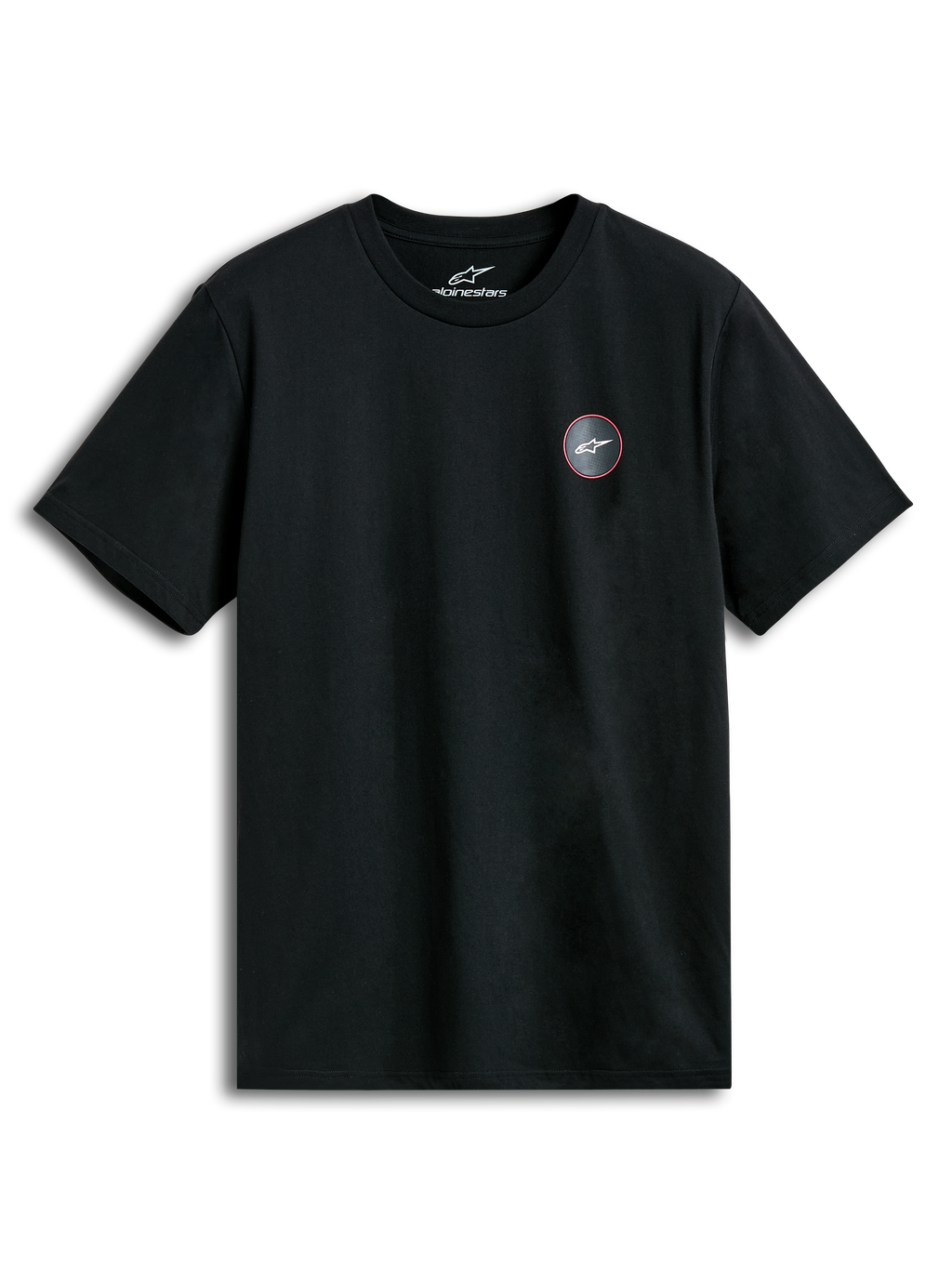 Alpinestars Dot Carbon CSF T-Shirt, schwarzes Kurzarm-Sportswear-T-Shirt mit Carbonfaser-Look-Brustlogo-Grafik.
