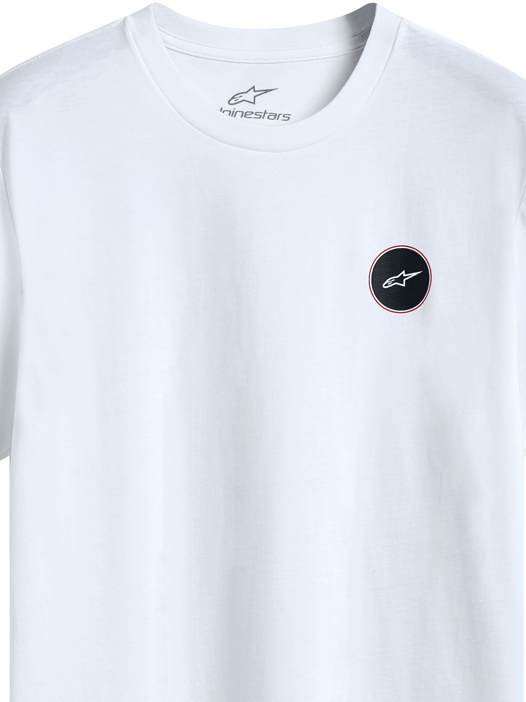 Alpinestars Dot Carbon Csf Tee, Kurzarm-T-Shirt, Weiß, Detailansicht eines runden schwarzen Logos mit Carbon-Optik-Füllung und weißem Stern, interner Nackendruck, lässige Motorsport-Streetwear