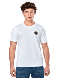 Alpinestars Dot Carbon CSF Tee, White Short Sleeve T-Shirt, Male model wearing white tee with small black circular logo on chest and blue jeans, Casual Motorsport Style