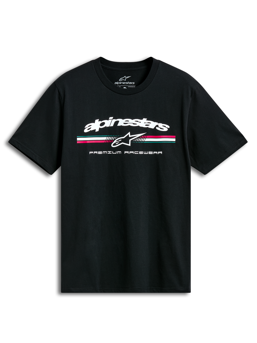 Alpinestars Prevail CSF T-Shirt, schwarzes Kurzarm-Sportswear-T-Shirt mit dreifarbigem Streifenlogo im Paddock-Stil auf der Front und weichem Handdruck.