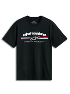 Alpinestars Prevail CSF T-Shirt, schwarzes Kurzarm-Sportswear-T-Shirt mit dreifarbigem Streifenlogo im Paddock-Stil auf der Front und weichem Handdruck.