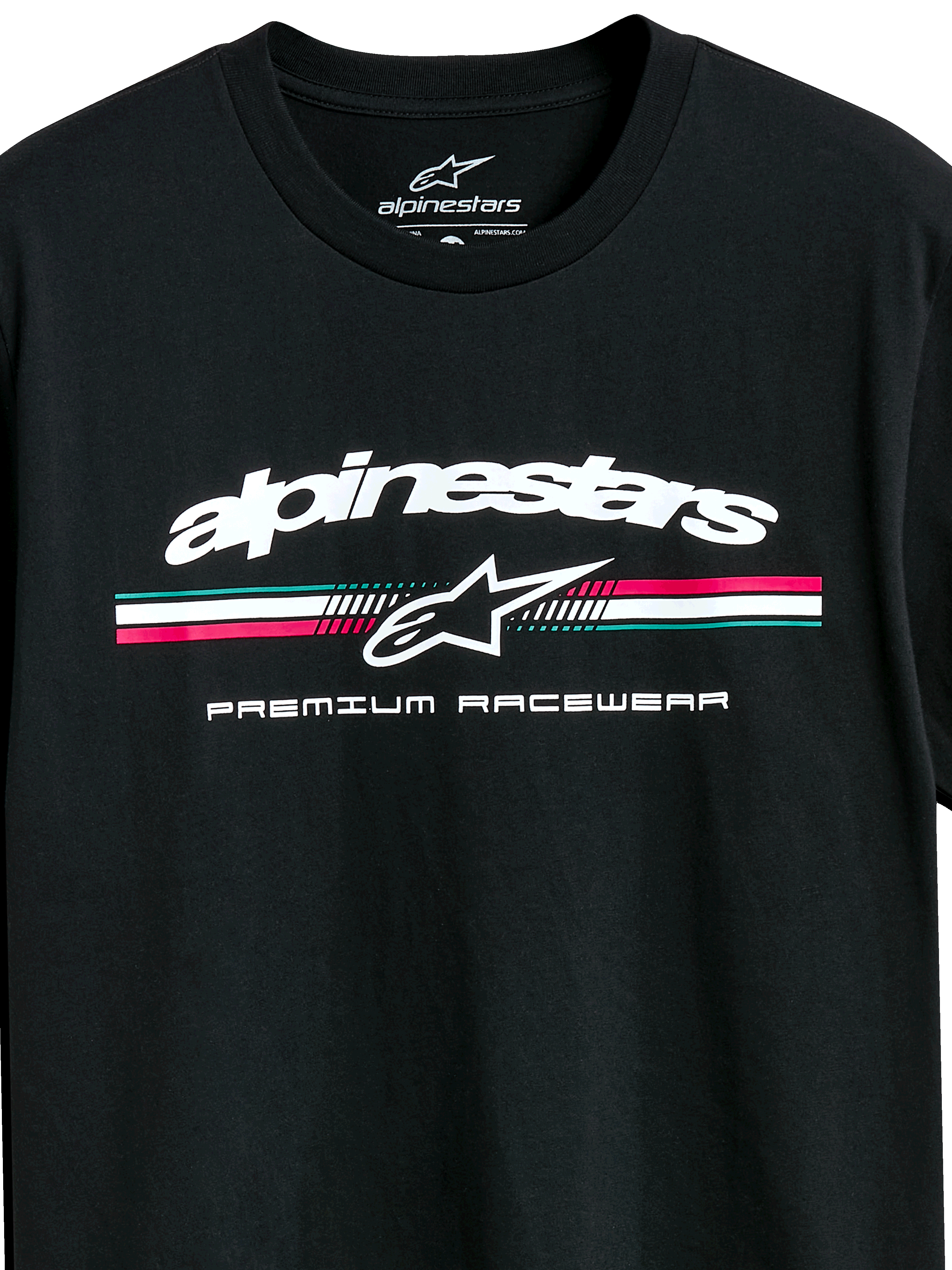 Alpinestars Prevail CSF Tee, Short Sleeve T-Shirt, Black, White Alpinestars Logo with Teal Pink and White Tri-Color Stripe, Premium Racewear Graphic, Casual Motorsport Sportswear
