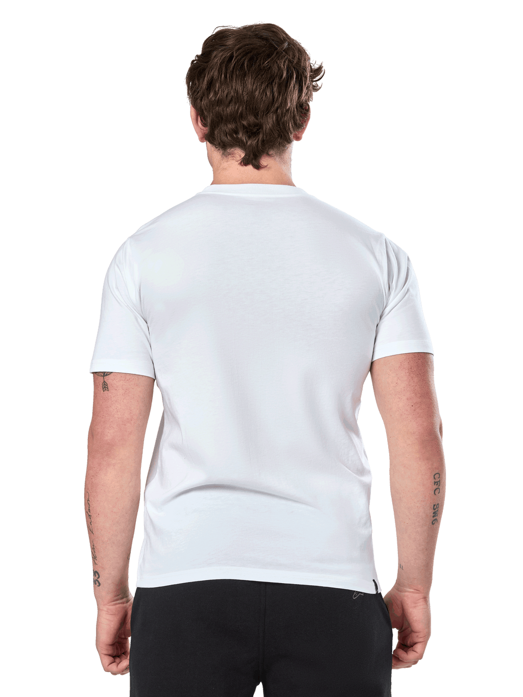 Alpinestars Prevail CSF Tee, Kurzarm-T-Shirt, Weiß, Rückansicht, getragen mit schwarzer Hose, lässige Motorsport-Streetwear