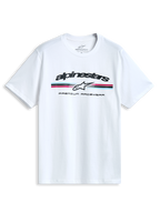 Alpinestars Prevail CSF T-Shirt, weißes Kurzarm-Sportswear-T-Shirt mit dreifarbigem Streifenlogo im Paddock-Stil auf der Vorderseite.