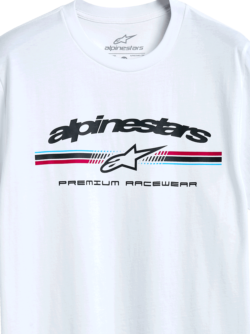 Alpinestars Prevail CSF Tee, Kurzarm-T-Shirt, Weiß, dreifarbiges Streifenlogo im Paddock-Stil mit Alpinestars-Sternsymbol und Premium Racewear Text, lässiges vom Motorsport inspiriertes Design