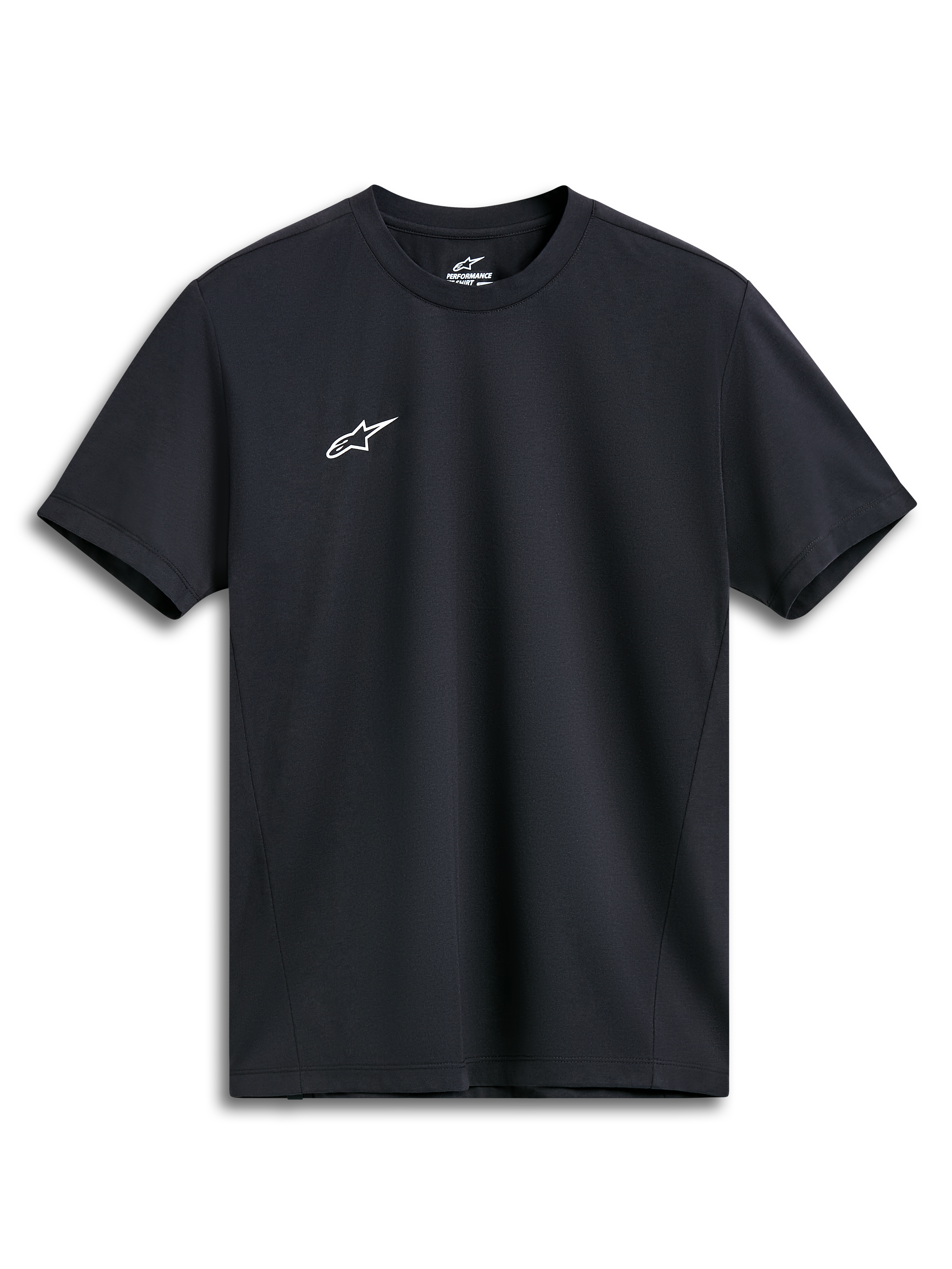Alpinestars Point Performance Tee, kurzärmeliges T-Shirt, Schwarz, kleines weißes Astars-Logo auf der Brust, Performance-Sportbekleidung