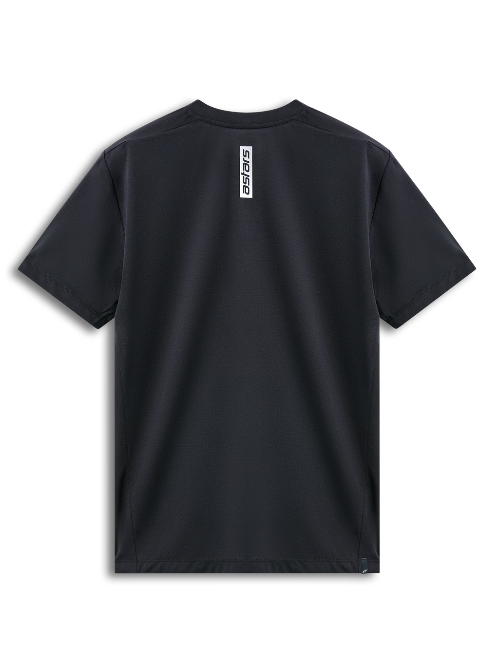 Alpinestars Point Performance Tee, Kurzarm-T-Shirt, Schwarz, Rückansicht mit vertikalem weißem Astars-Logoprint im Nacken, feuchtigkeitsableitende Performance-Sportbekleidung