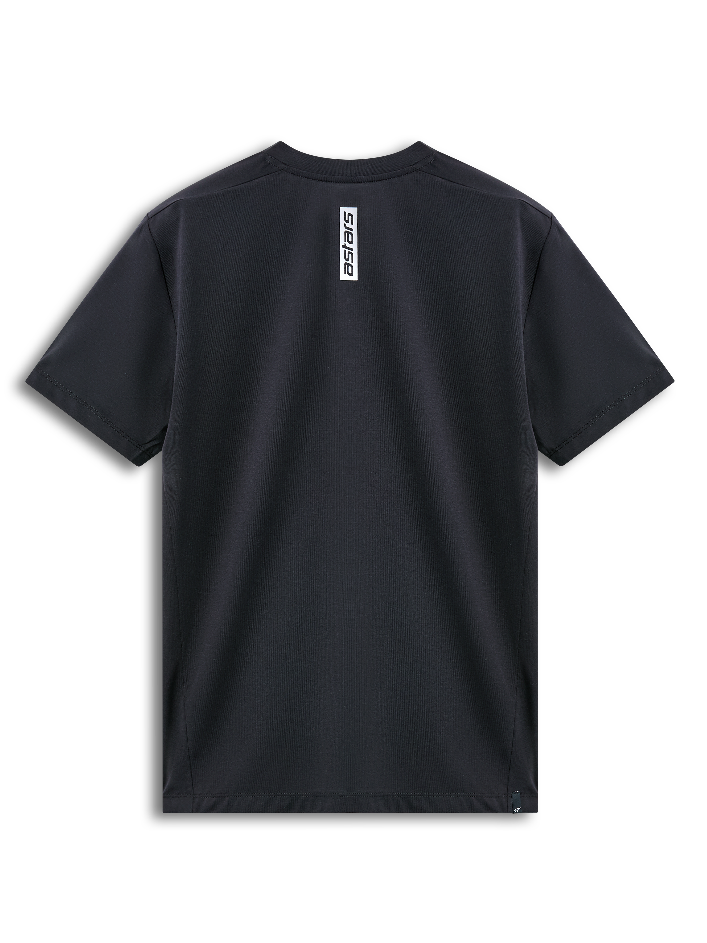 Alpinestars Point Performance Tee, Kurzarm-T-Shirt, Schwarz, Rückansicht mit vertikalem weißem Astars-Logoprint im Nacken, feuchtigkeitsableitende Performance-Sportbekleidung