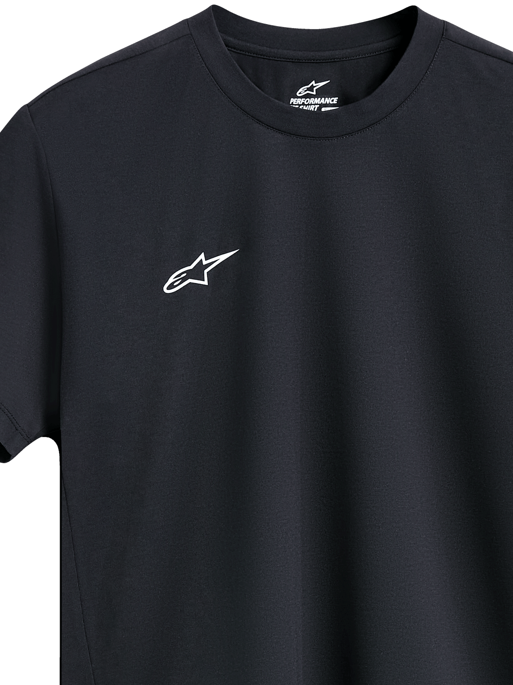 Alpinestars Point Performance Tee, kurzärmliges Performance-T-Shirt, Schwarz, kleines weißes Logo auf der Brust, Rundhalsausschnitt, nachhaltiges Sportbekleidungsdesign