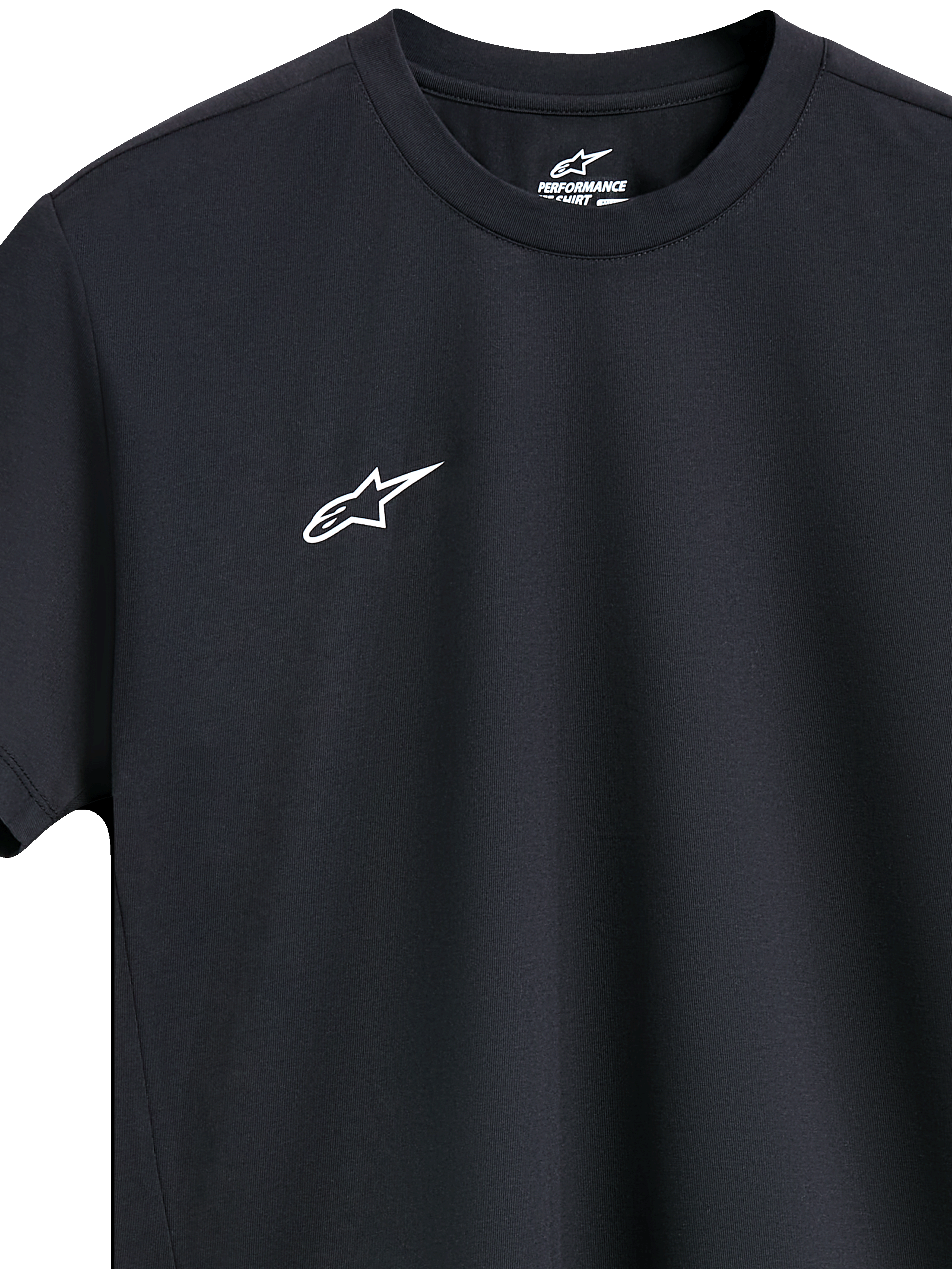 Alpinestars Point Performance Tee, kurzärmliges Performance-T-Shirt, Schwarz, kleines weißes Logo auf der Brust, Rundhalsausschnitt, nachhaltiges Sportbekleidungsdesign