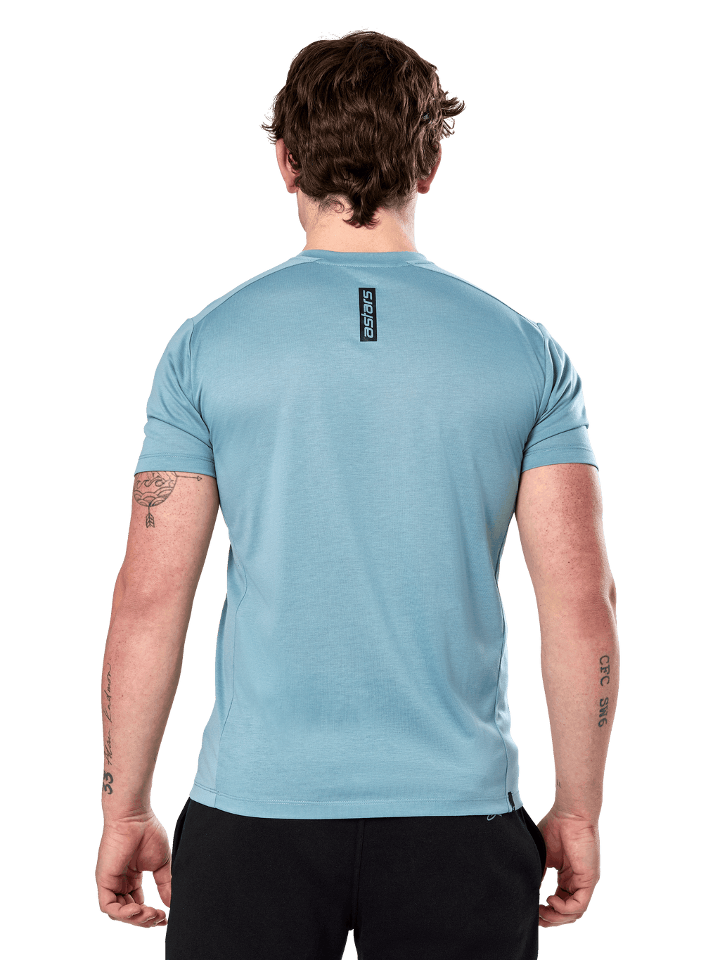 Alpinestars Point Performance Tee – Kurzarm, Eisblau, Rückansicht mit kleinem vertikalem schwarzem „astars“-Schriftzug am oberen Rücken, feuchtigkeitsableitendes Performance-Material, lässige Sportbekleidung