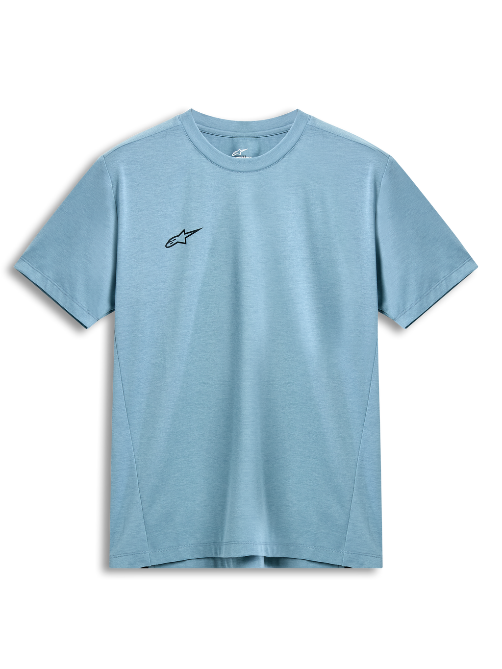 Alpinestars Point Performance T-Shirt, Kurzarm, Ice Blue, kleines schwarzes Stern-Logo auf der Brust, Rundhalsausschnitt, nachhaltiges feuchtigkeitsableitendes Funktionsmaterial, lässige Motorsport-Streetwear