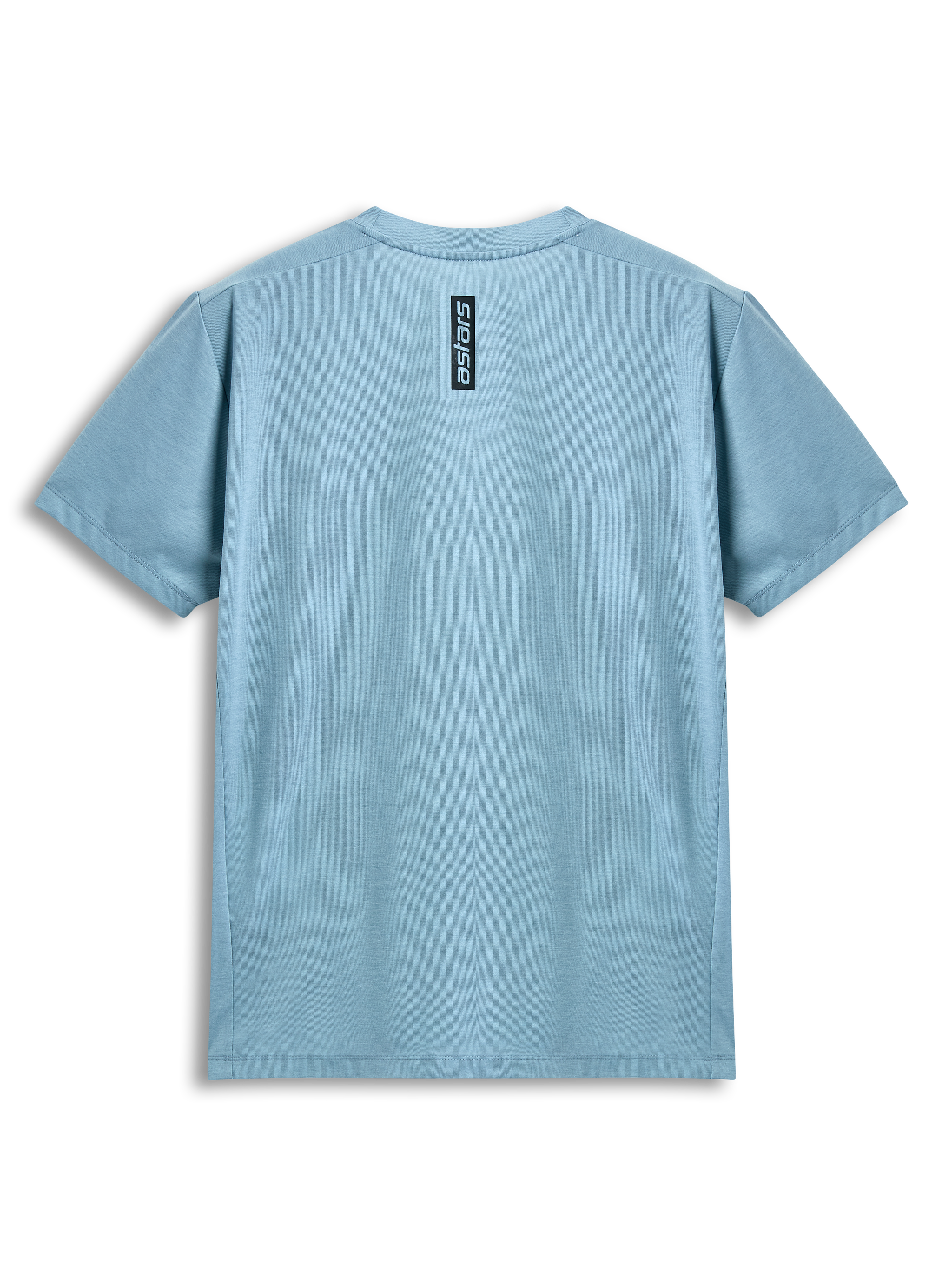 Alpinestars Point Performance Tee, kurzärmeliges T-Shirt, Ice Blue, Rückansicht mit vertikalem schwarzem Astars-Schriftzug, lässige Performance-Sportbekleidung