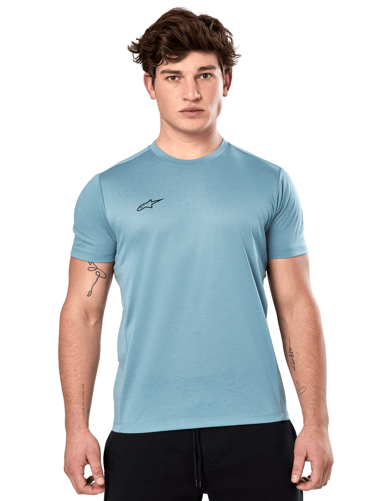 Alpinestars Point Performance Tee, Short Sleeve T-Shirt, Ice Blue, featuring a small black logo on the chest, worn by a model with black shorts, casual performance sportswear