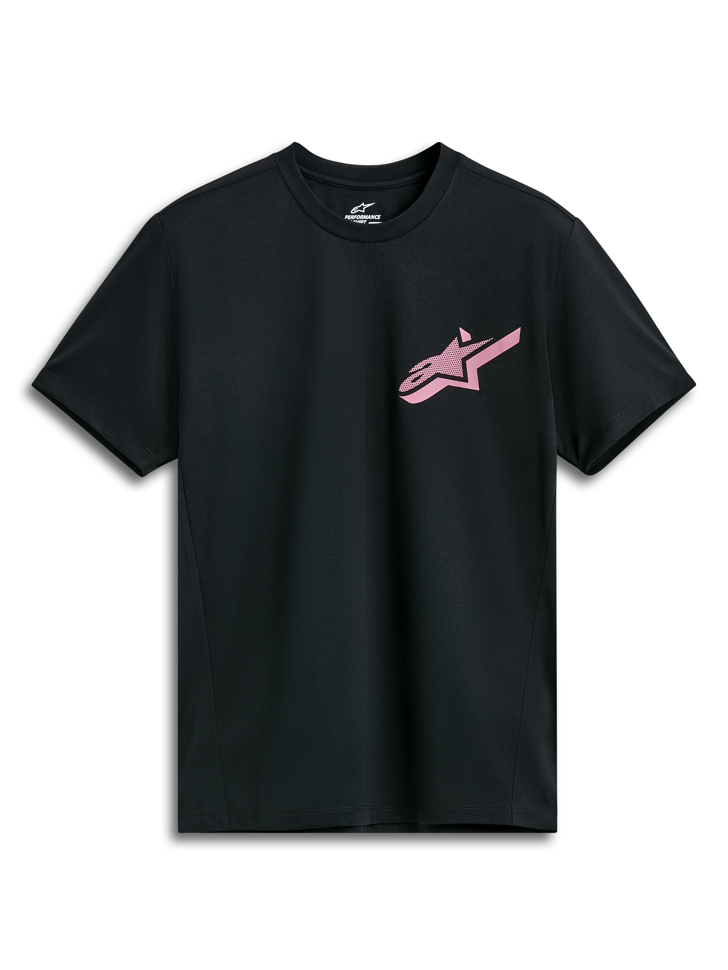 Alpinestars Attrition Performance T-Shirt, kurzärmliges Performance-T-Shirt, Schwarz mit pinkfarbenem Alpinestars-Logo, Rundhalsausschnitt, Performance-Sportbekleidung