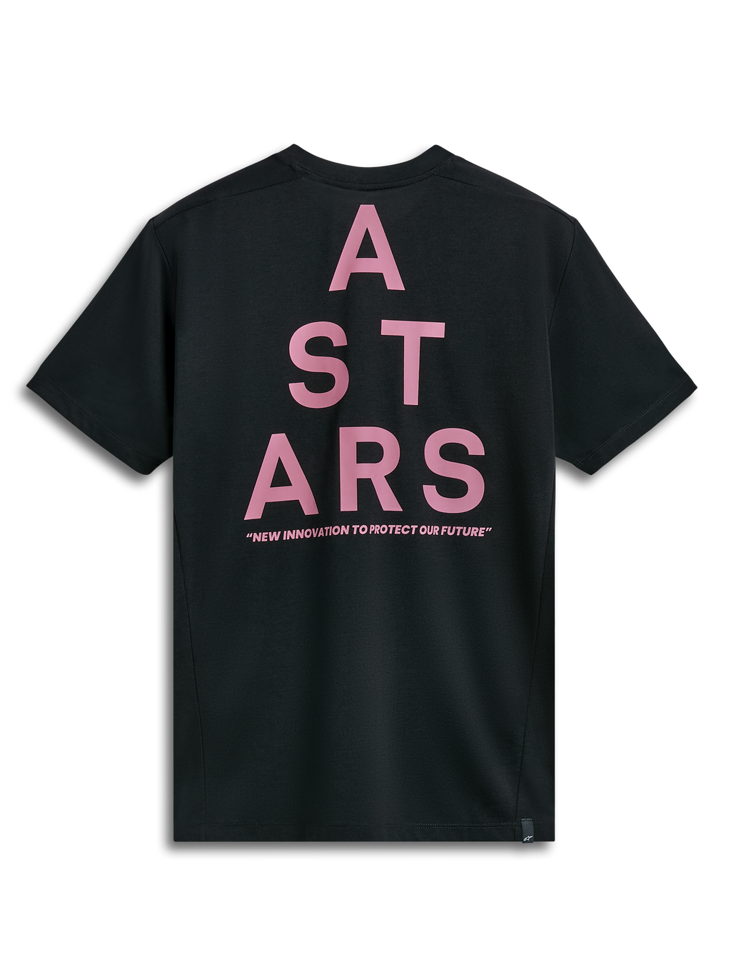 Alpinestars Attrition Performance Tee, kurzärmeliges T-Shirt, Schwarz, Rückansicht mit großer rosa ASTARS-Blockgrafik und „NEW INNOVATION TO PROTECT OUR FUTURE“-Text, nachhaltige Performance-Sportbekleidung