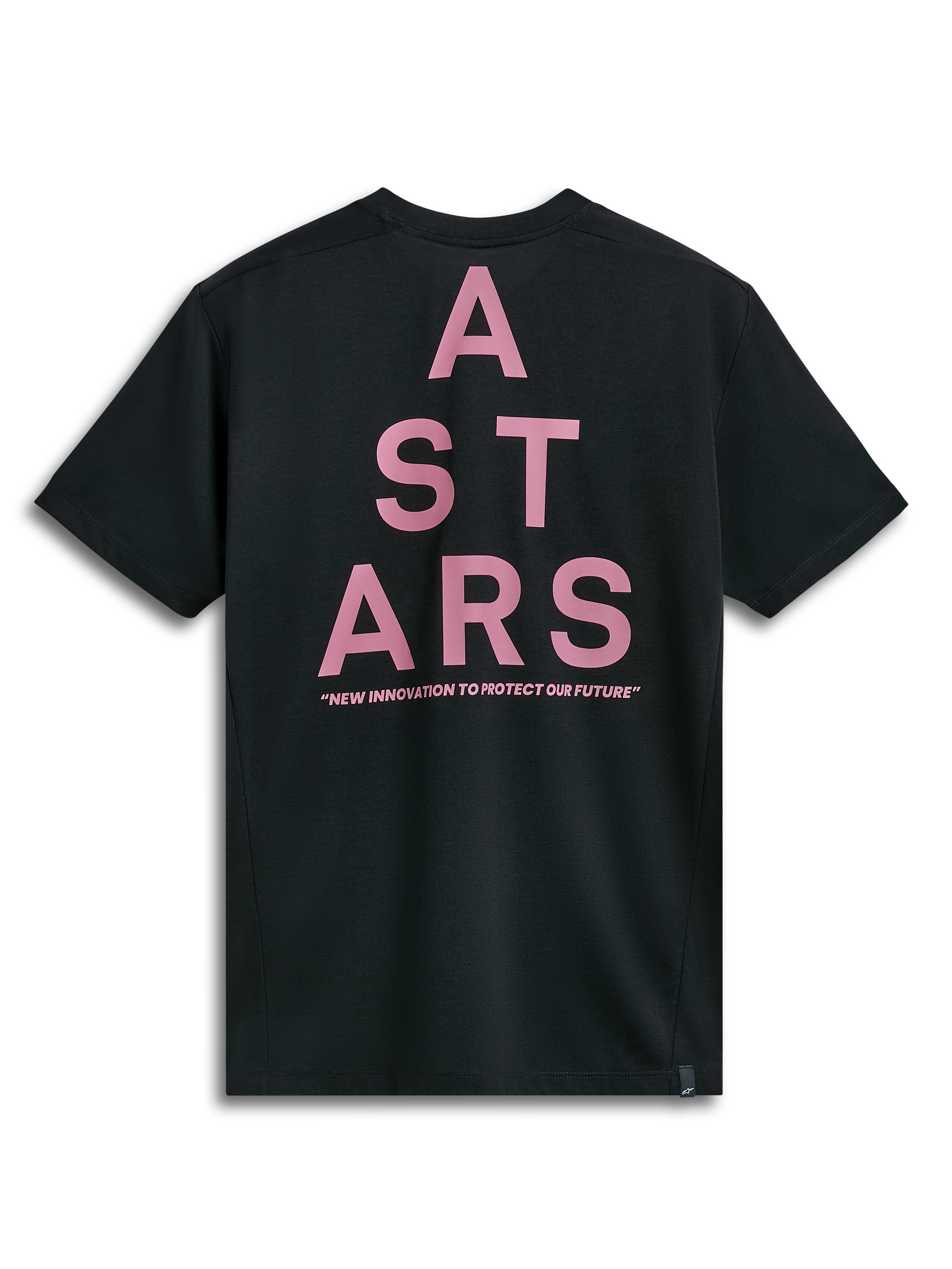 Alpinestars Attrition Performance Tee, kurzärmeliges T-Shirt, Schwarz, Rückansicht mit großer rosa ASTARS-Blockgrafik und „NEW INNOVATION TO PROTECT OUR FUTURE“-Text, nachhaltige Performance-Sportbekleidung