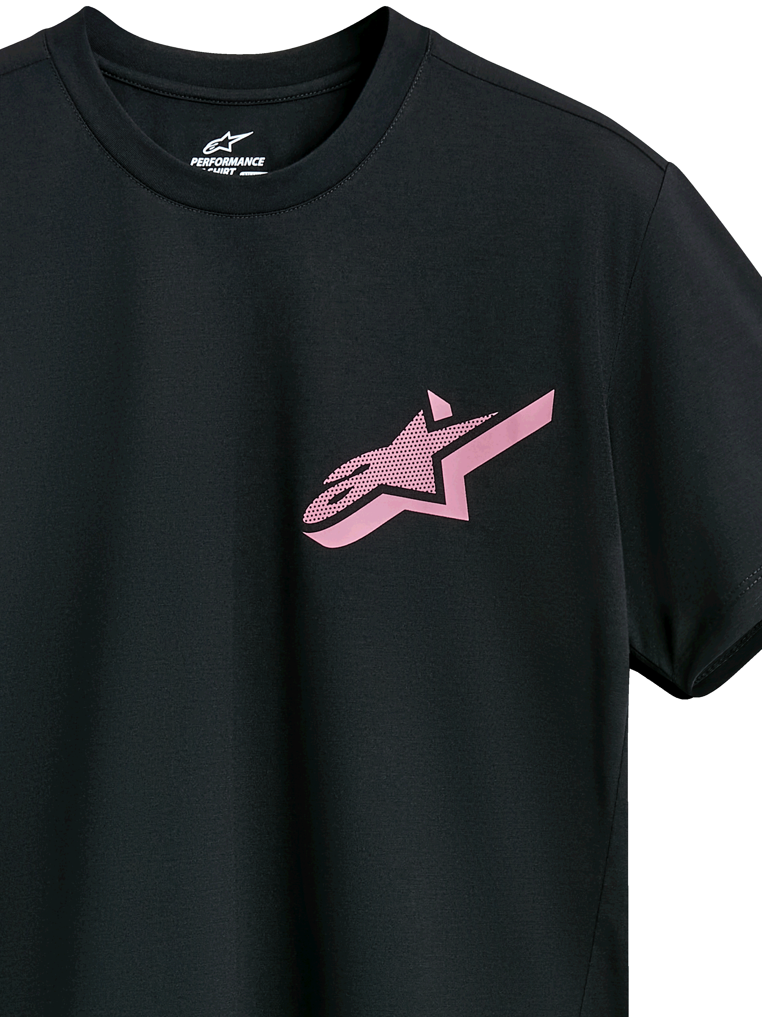 Alpinestars Attrition Performance Tee, Kurzarm-T-Shirt, Schwarz mit rosa Astars-Logo, Rundhalsausschnitt, Performance-Sportbekleidung