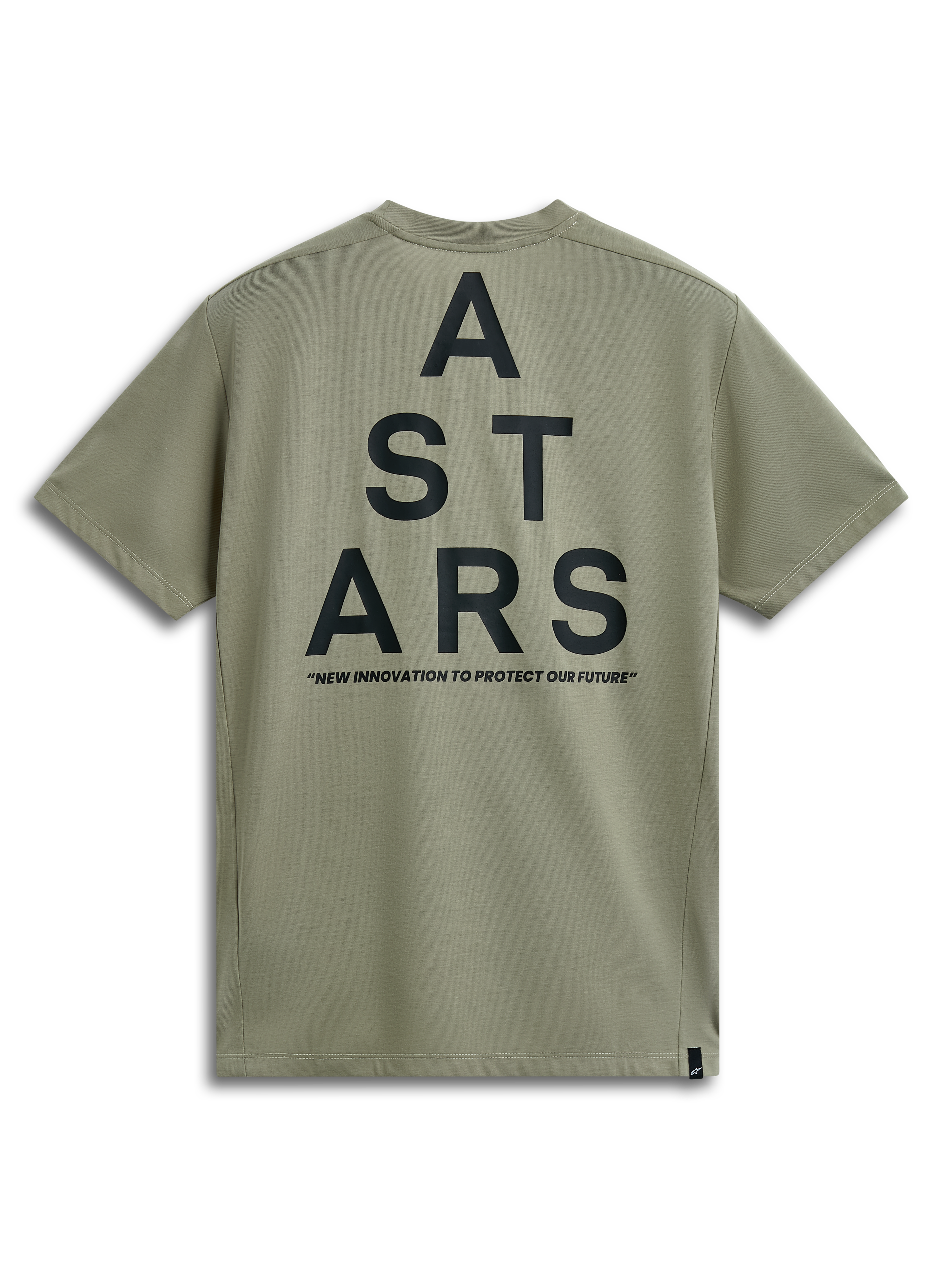 Alpinestars Attrition Performance Tee, kurzärmeliges T-Shirt, Hellgrün, Rückansicht mit großer schwarzer ASTARS-Grafik und „NEW INNOVATION TO PROTECT OUR FUTURE“-Slogan, lässige Performance-Sportbekleidung