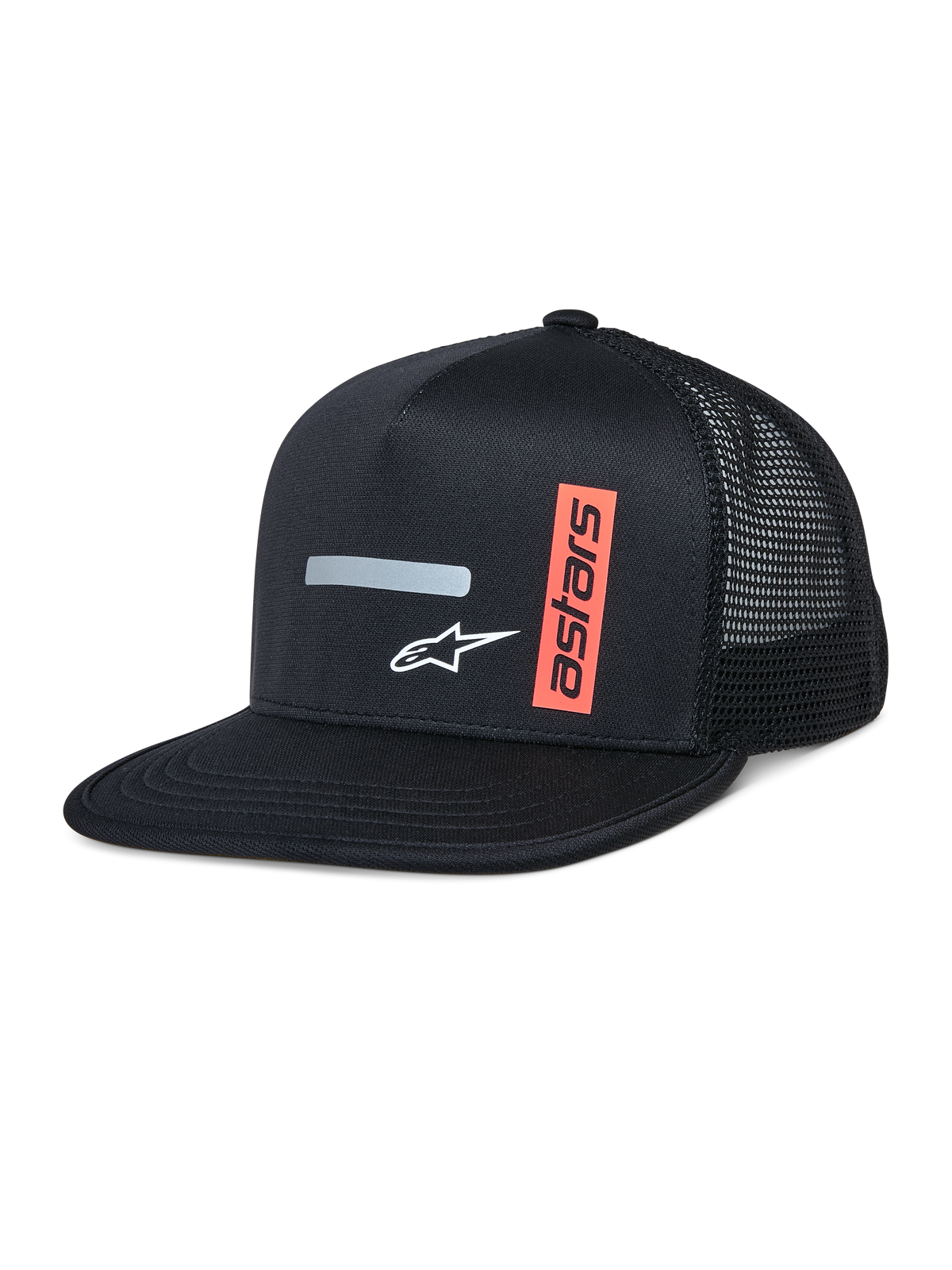 Alpinestars Alter Trucker Hat, Black trucker cap with structured crown and flat bill, breathable mesh back, featuring a horizontal gray reflective stripe, white A-star logo, and a vertical orange astars graphic, casual motorsport-inspired streetwear