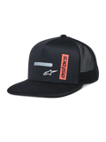 Alpinestars Alter Trucker Hat, Schwarze Trucker-Kappe mit strukturierter Krone und flachem Schirm, atmungsaktives Mesh-Rückenteil, horizontaler grauer Reflexstreifen, weißes A-Star-Logo und vertikale orange Astars-Grafik, lässige Motorsport-Streetwear