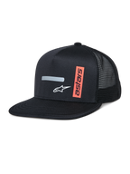 Alpinestars Alter Trucker Hat, Schwarze Trucker-Kappe mit strukturierter Krone und flachem Schirm, atmungsaktives Mesh-Rückenteil, horizontaler grauer Reflexstreifen, weißes A-Star-Logo und vertikale orange Astars-Grafik, lässige Motorsport-Streetwear