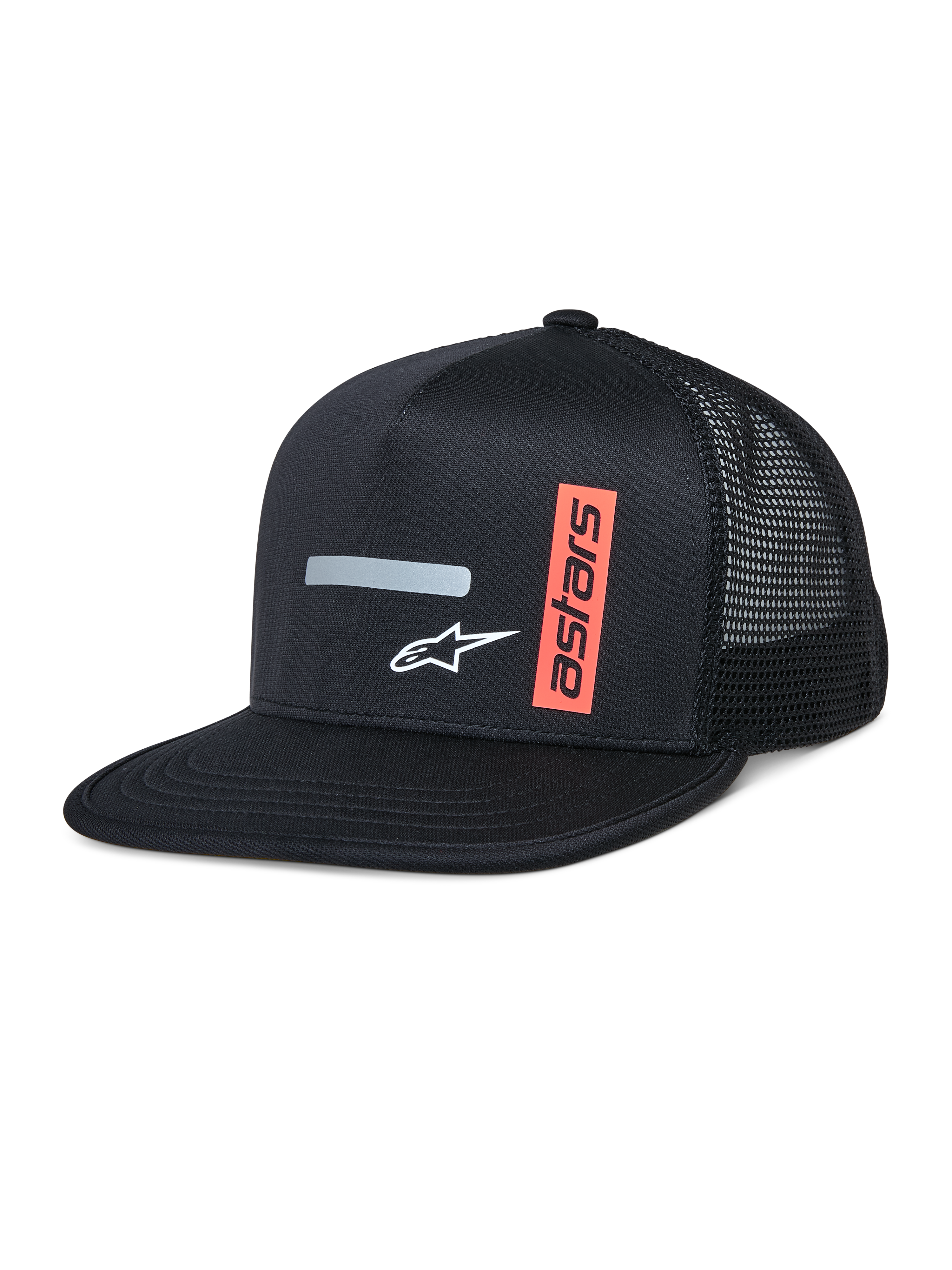 Alpinestars Alter Trucker Hat, Schwarze Trucker-Kappe mit strukturierter Krone und flachem Schirm, atmungsaktives Mesh-Rückenteil, horizontaler grauer Reflexstreifen, weißes A-Star-Logo und vertikale orange Astars-Grafik, lässige Motorsport-Streetwear