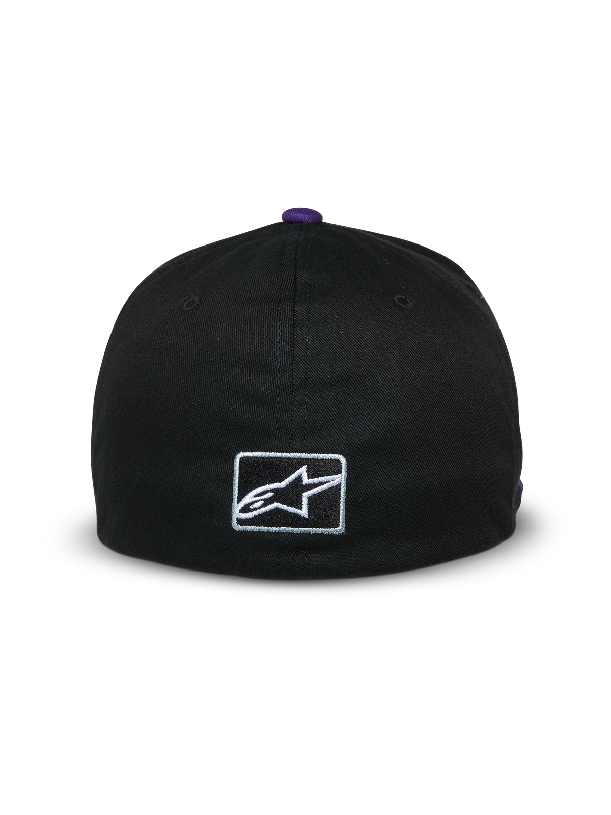 Alpinestars Franchise Mütze, Rückansicht einer schwarzen Baseball-Cap, lila Knopf oben, kleines weiß gesticktes Astars-Logo auf der Rückseite, Flex-Back-Design, lässige vom Motorsport inspirierte Streetwear