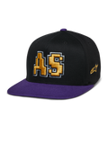 Alpinestars Franchise Hat, Flat Bill Cap, Black and Purple, Gold 3D Embroidered AS Logo with White Outline, Purple Brim and Top Button, Structured Flex Fit Design