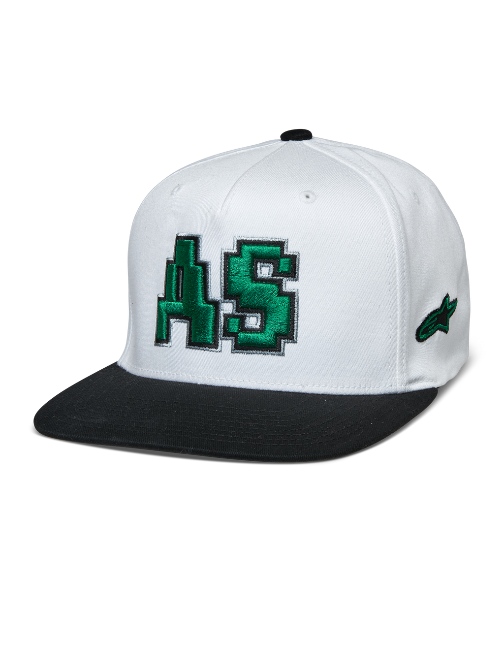 Alpinestars Franchise Kappe, weiße Krone mit schwarzem flachem Schirm, grünes 3D-besticktes AS-Logo, Baseball-Cap mit Flex-Rückseite, Motorsport-Lifestyle-Kopfbedeckung