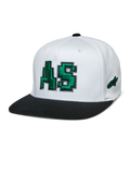 Alpinestars Franchise Kappe, weiße Krone mit schwarzem flachem Schirm, grünes 3D-besticktes AS-Logo, Baseball-Cap mit Flex-Rückseite, Motorsport-Lifestyle-Kopfbedeckung