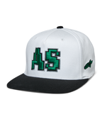 Alpinestars Franchise Kappe, weiße Krone mit schwarzem flachem Schirm, grünes 3D-besticktes AS-Logo, Baseball-Cap mit Flex-Rückseite, Motorsport-Lifestyle-Kopfbedeckung