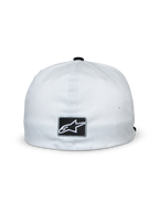 Alpinestars Franchise Kappe, Weiß und Schwarz, Rückansicht mit schwarzem rechteckigem Aufnäher und weißem Alpinestars Stern-Logo, Flex-Back-Design, lässige vom Motorsport inspirierte Kopfbedeckung