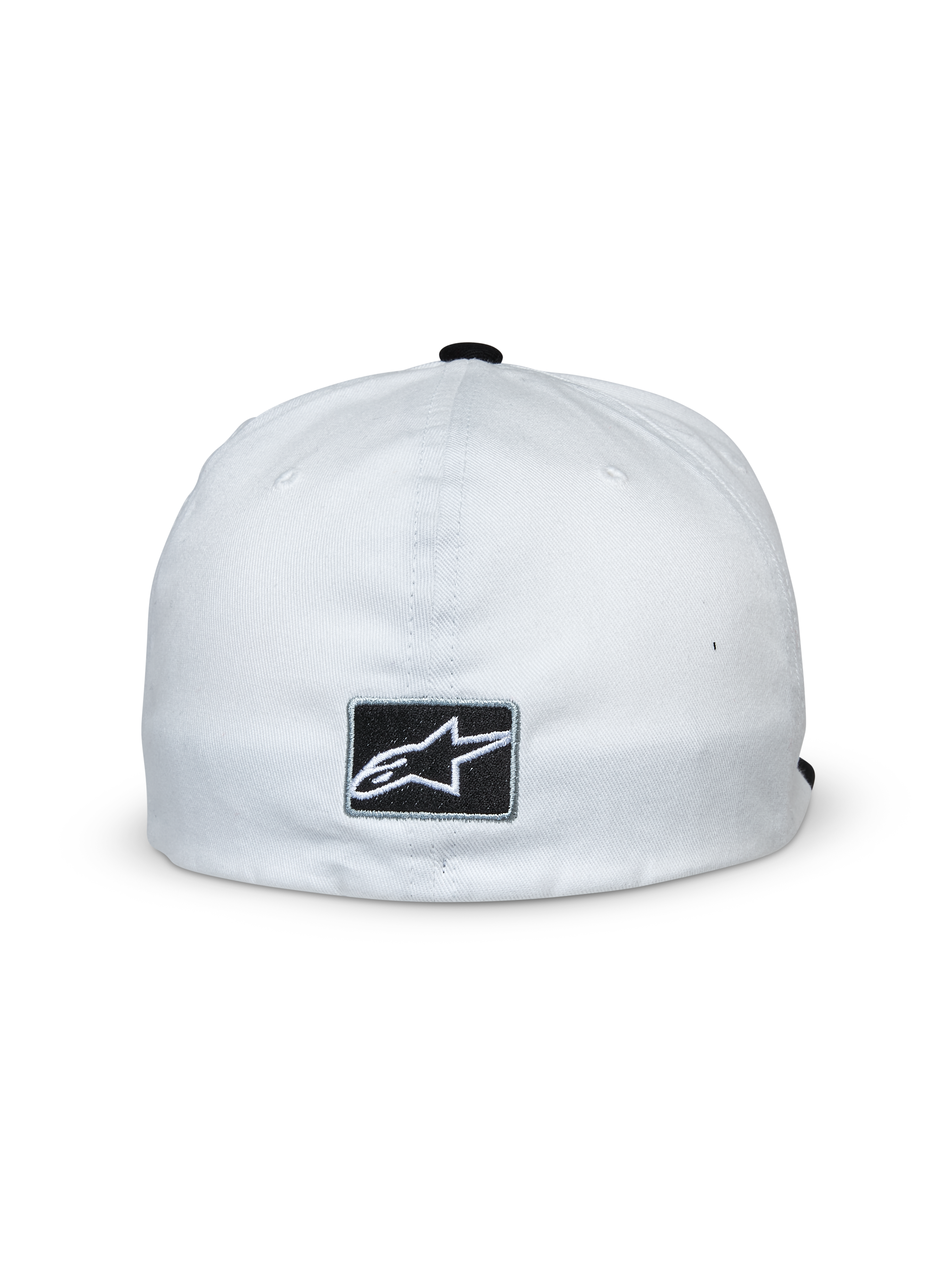 Alpinestars Franchise Kappe, Weiß und Schwarz, Rückansicht mit schwarzem rechteckigem Aufnäher und weißem Alpinestars Stern-Logo, Flex-Back-Design, lässige vom Motorsport inspirierte Kopfbedeckung
