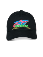 Alpinestars Vivid Kappe, Schwarz, Baseball-Cap mit gebogenem Schirm, auffälliges 3D-Sticklogo mit pinken, blauen und grünen Akzenten, halbstrukturierte niedrige Krone, lässige Motorsport-Streetwear