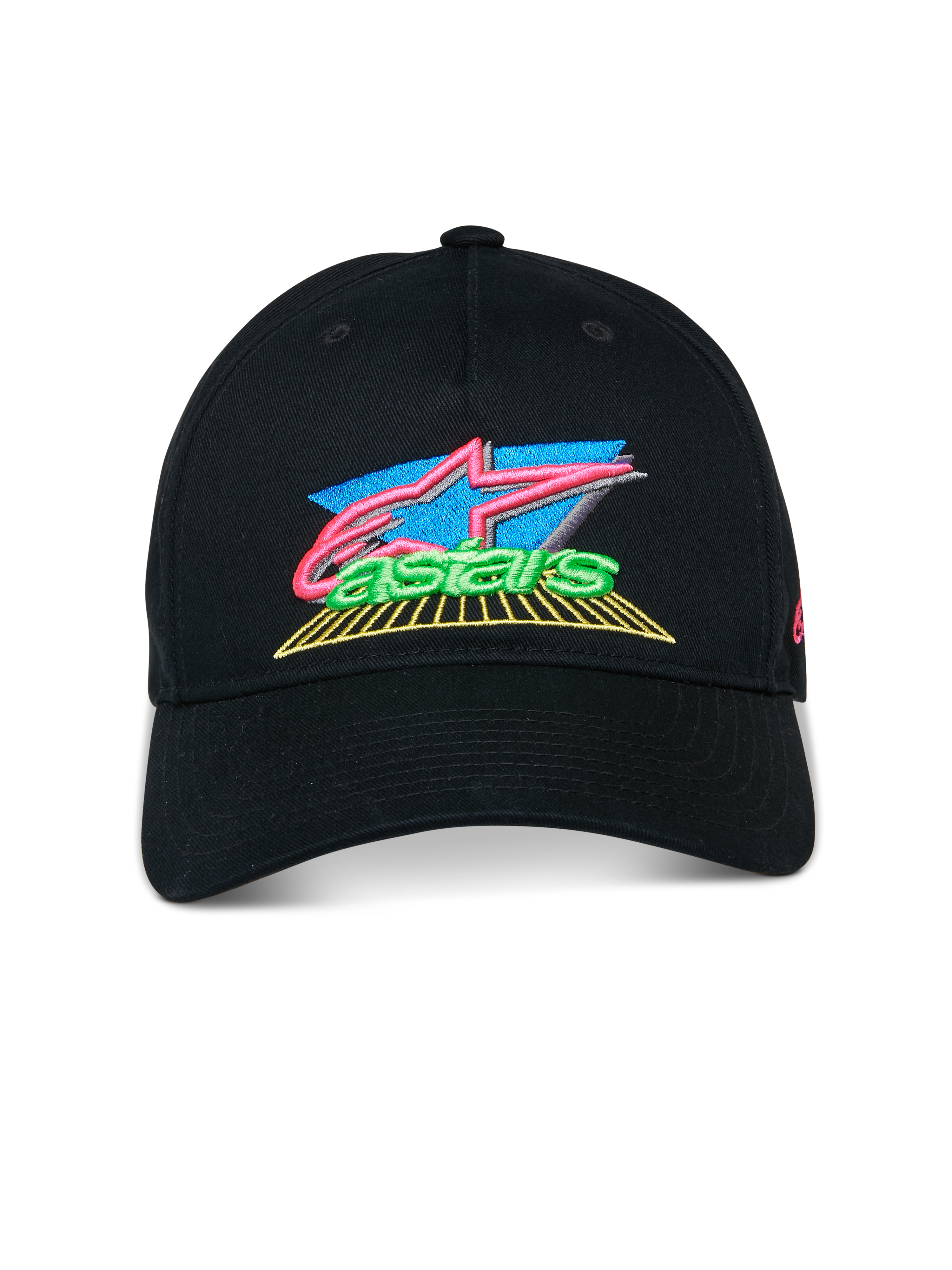 Alpinestars Vivid Kappe, Schwarz, Baseball-Cap mit gebogenem Schirm, auffälliges 3D-Sticklogo mit pinken, blauen und grünen Akzenten, halbstrukturierte niedrige Krone, lässige Motorsport-Streetwear