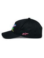 Alpinestars Vivid Mütze, schwarze Snapback-Baseballkappe, Seitenprofil mit rosa gesticktem Stern-Logo und farbenfrohem 3D-Branding auf der Vorderseite, gebogener Schirm, lässige, vom Motorsport inspirierte Streetwear