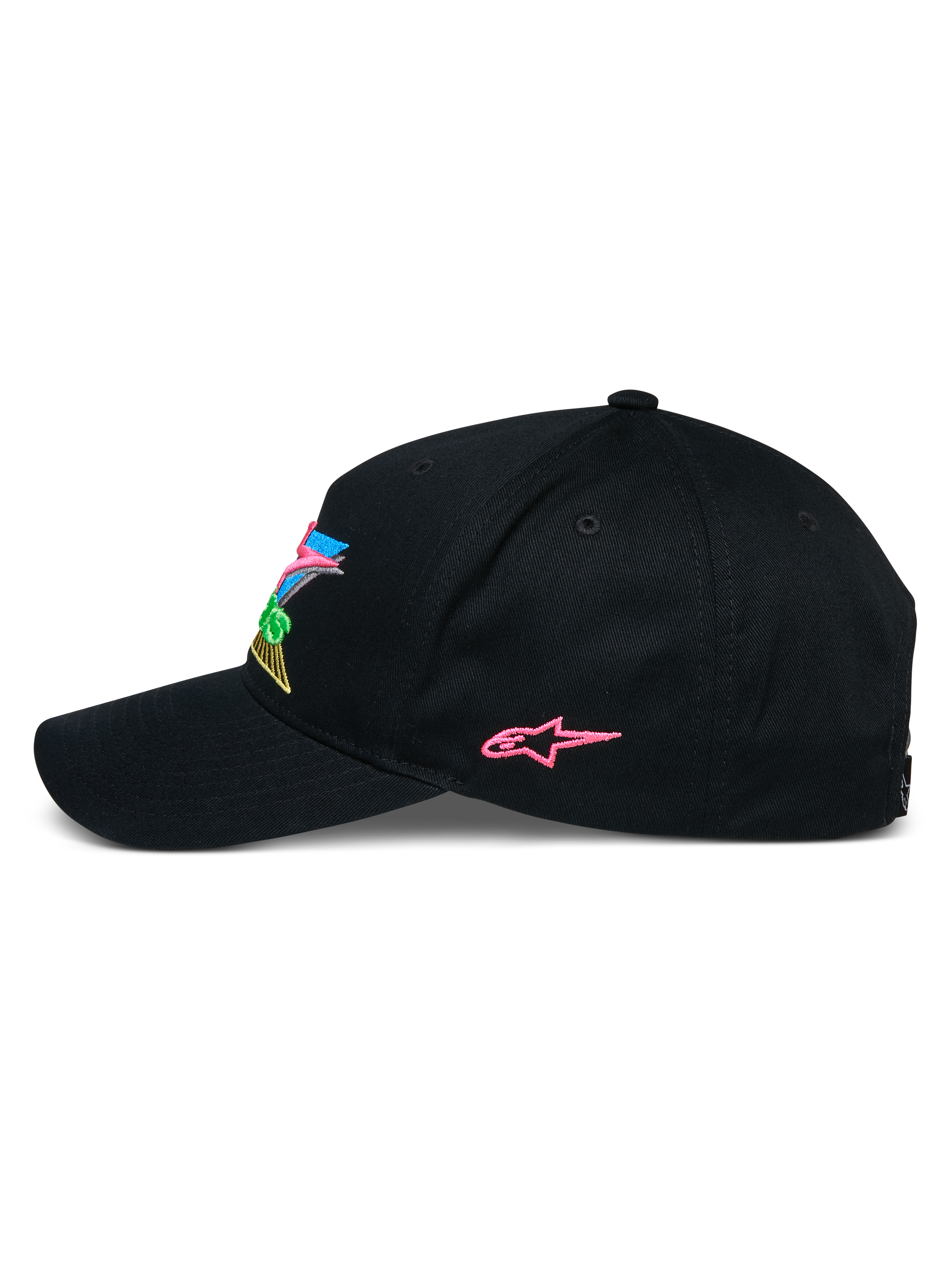 Alpinestars Vivid Mütze, schwarze Snapback-Baseballkappe, Seitenprofil mit rosa gesticktem Stern-Logo und farbenfrohem 3D-Branding auf der Vorderseite, gebogener Schirm, lässige, vom Motorsport inspirierte Streetwear