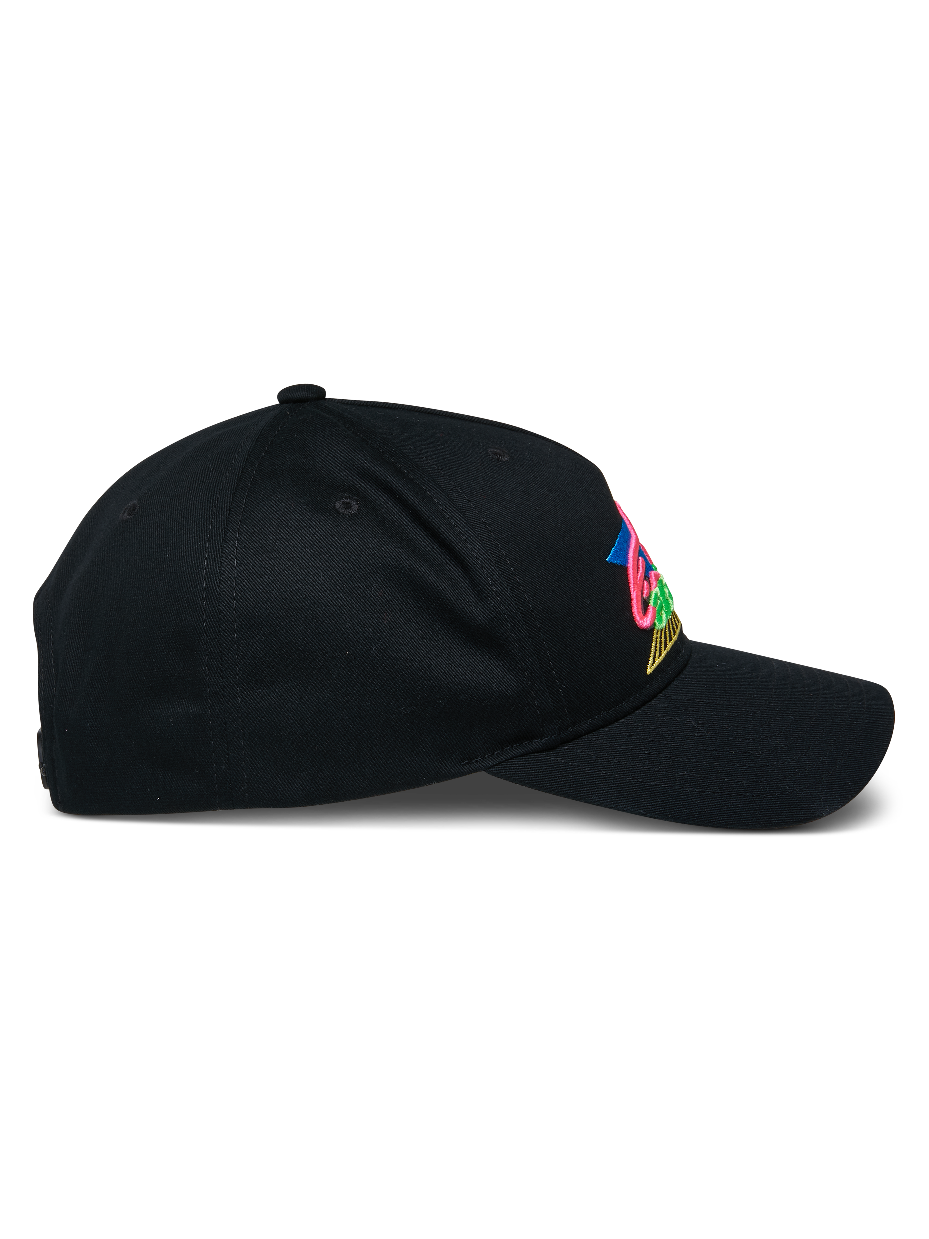 Alpinestars Vivid Cap, schwarze Baseball-Kappe, Seitenansicht mit gebogenem Schirm und halbstrukturierter Krone, farbenfrohes 3D-Sticklogo auf der Vorderseite, lässige Streetwear aus Baumwoll-Twill