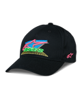 Alpinestars Vivid Hat, schwarze Baseball-Kappe mit bunter 3D-Stickerei, leuchtende pinke, blaue, grüne und gelbe Akzente, strukturierter gebogener Schirm, lässige vom Motorsport inspirierte Streetwear