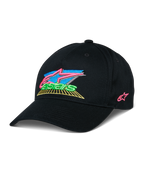 Alpinestars Vivid Hat, schwarze Baseball-Kappe mit bunter 3D-Stickerei, leuchtende pinke, blaue, grüne und gelbe Akzente, strukturierter gebogener Schirm, lässige vom Motorsport inspirierte Streetwear