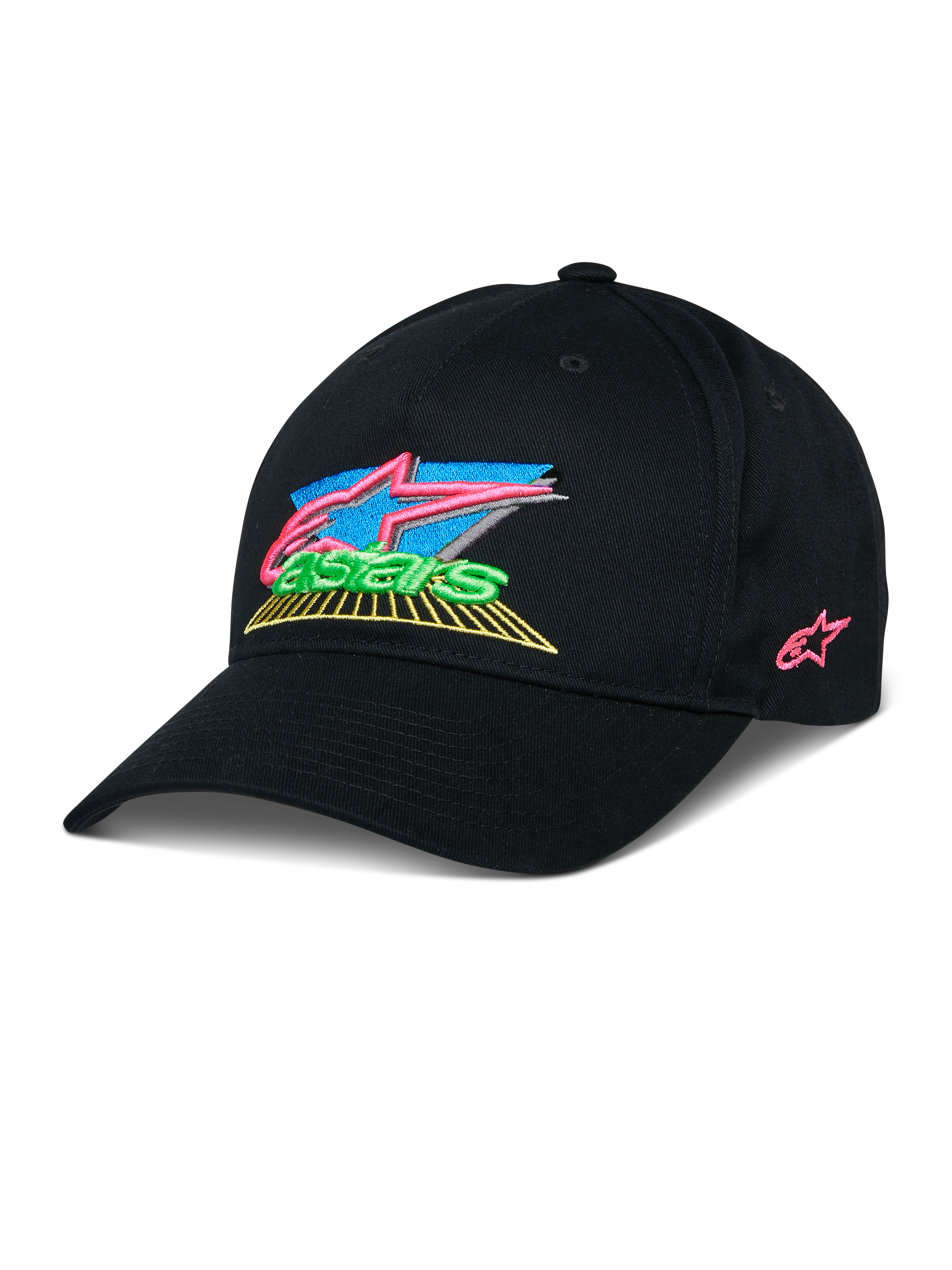 Alpinestars Vivid Hat, schwarze Baseball-Kappe mit bunter 3D-Stickerei, leuchtende pinke, blaue, grüne und gelbe Akzente, strukturierter gebogener Schirm, lässige vom Motorsport inspirierte Streetwear
