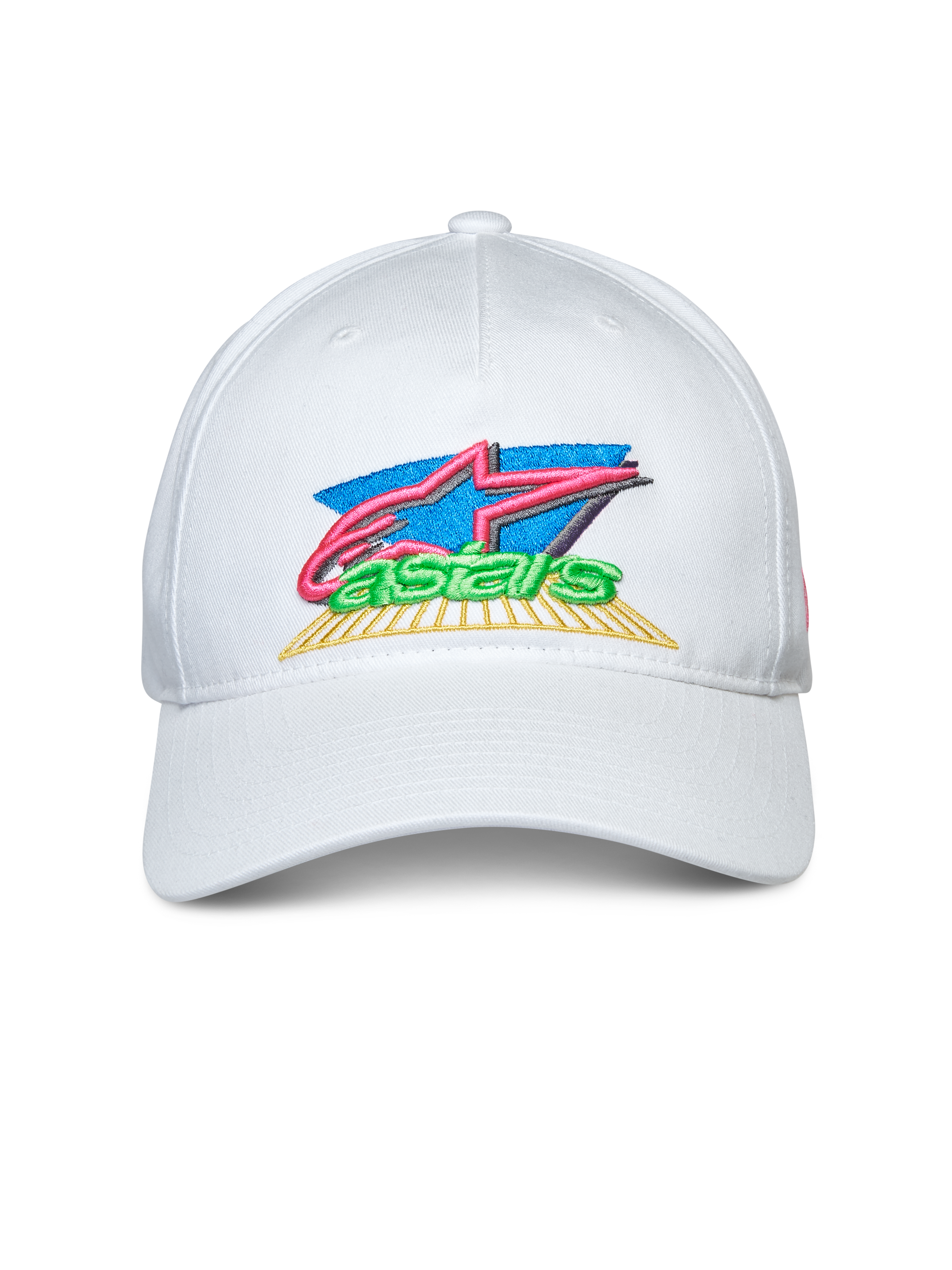 Alpinestars Vivid Kappe, Weiß, Snapback-Cap mit gebogenem Schirm, farbenfrohe 3D- und flache Logo-Stickerei vorne, Freizeit-Sportbekleidung