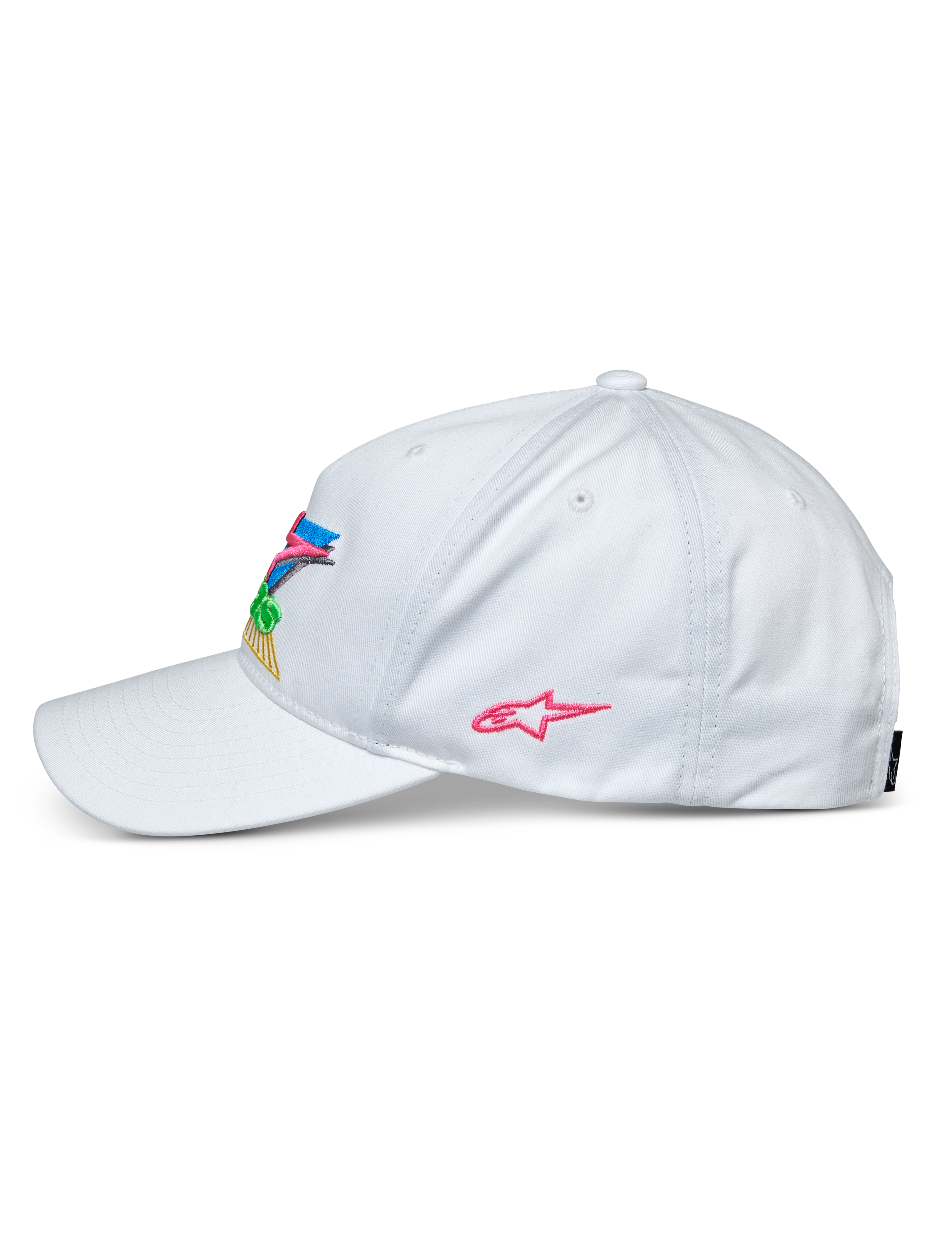 Alpinestars Vivid Mütze, Weiß, Seitenansicht einer Baseballkappe, gebogener Schirm und halbstrukturierte, niedrige Krone, mit farbenfroher 3D-Stickerei auf der Vorderseite und einem pinkfarbenen Stern-Logo an der Seite, lässige Sport-Kopfbedeckung