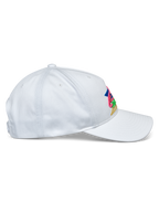 Alpinestars Vivid Kappe, Weiß, Seitenprofil, Halbstrukturierte Baseballkappe mit niedriger Krone und gebogenem Schirm, Baumwoll-Köper-Gewebe, Mit lebhafter mehrfarbiger Stickerei auf der Vorderseite, Lässige Sport-Kopfbedeckung