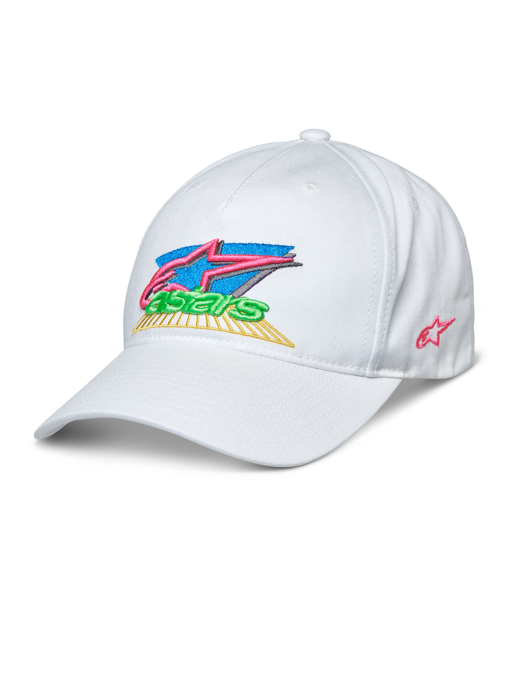Alpinestars Vivid Cap, weiße Baseball-Cap, bunt gesticktes 3D-Astars-Logo in Pink, Blau, Grün und Gelb, gebogener Schirm, halbstrukturierte niedrige Krone, Casual Sportbekleidung