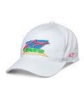 Alpinestars Vivid Cap, weiße Baseball-Cap, bunt gesticktes 3D-Astars-Logo in Pink, Blau, Grün und Gelb, gebogener Schirm, halbstrukturierte niedrige Krone, Casual Sportbekleidung