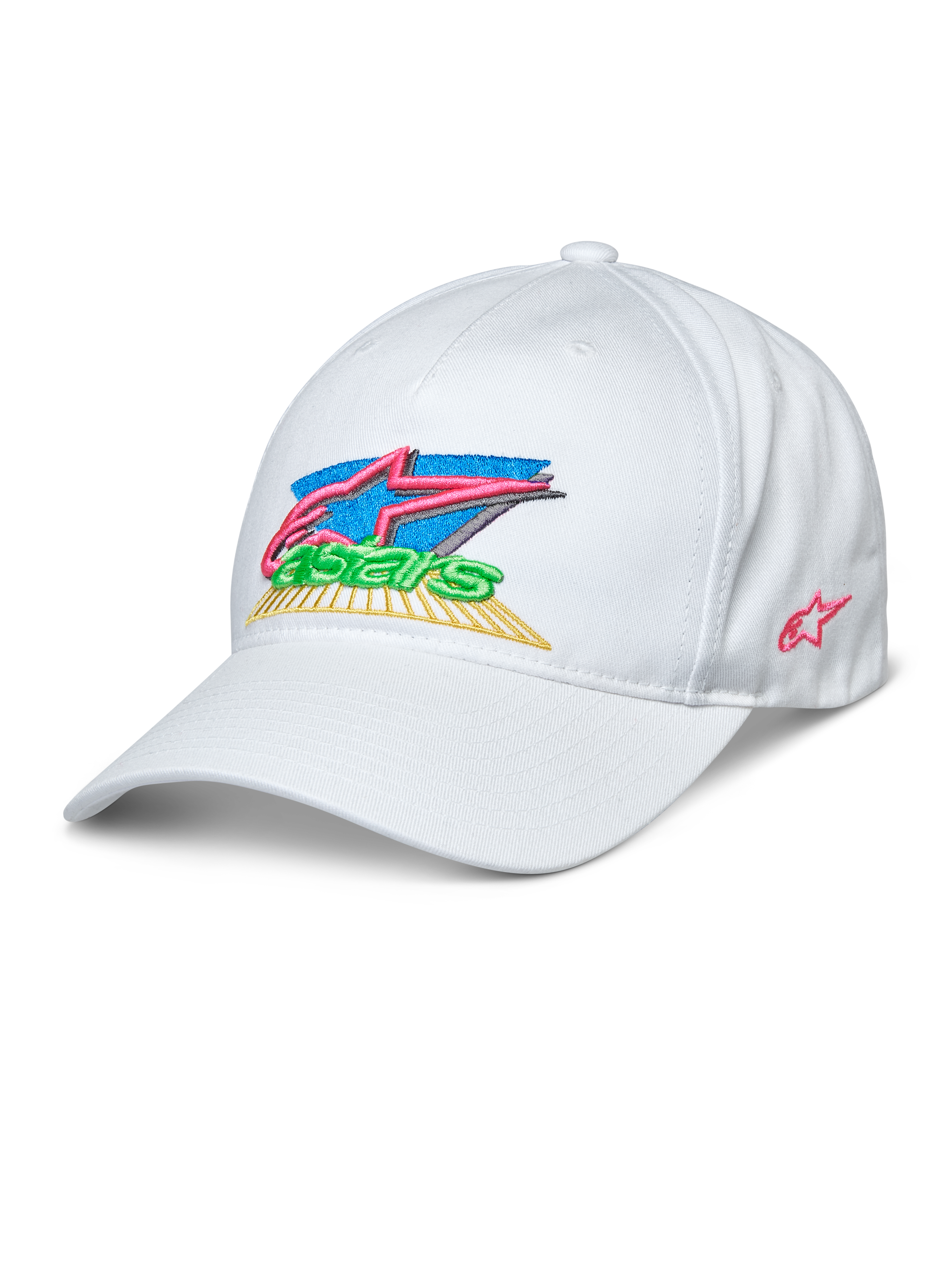Alpinestars Vivid Cap, weiße Baseball-Cap, bunt gesticktes 3D-Astars-Logo in Pink, Blau, Grün und Gelb, gebogener Schirm, halbstrukturierte niedrige Krone, Casual Sportbekleidung